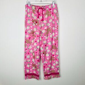 Nick & Nora Pink Sock Monkey Flower Print Flannel PJ Pajama Pants, Size S